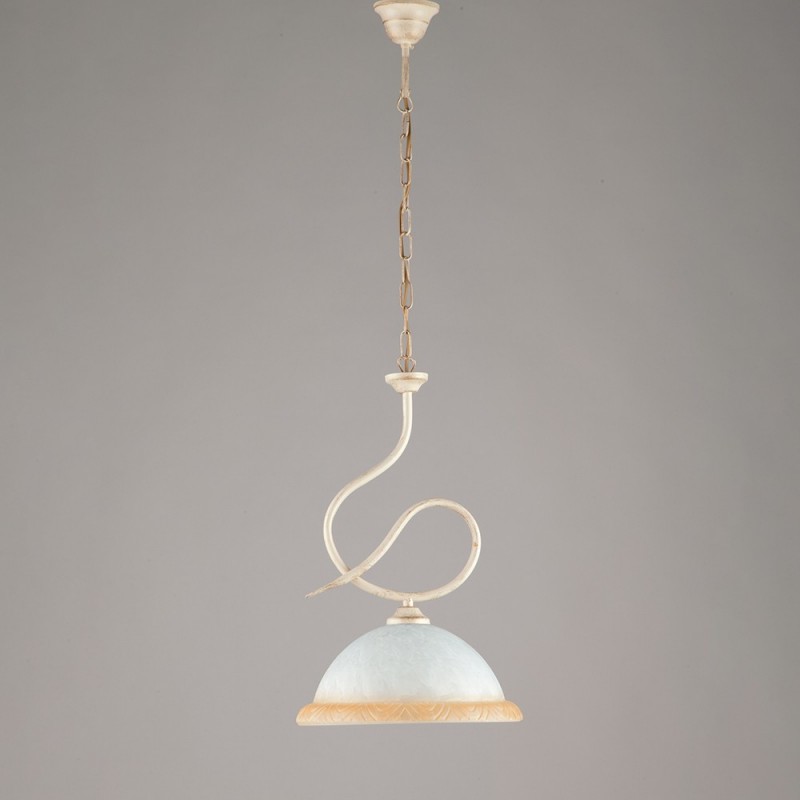 Lampadario in ferro Avorio Oro una luce vetro Bianco e Ambra 30x h48 cm