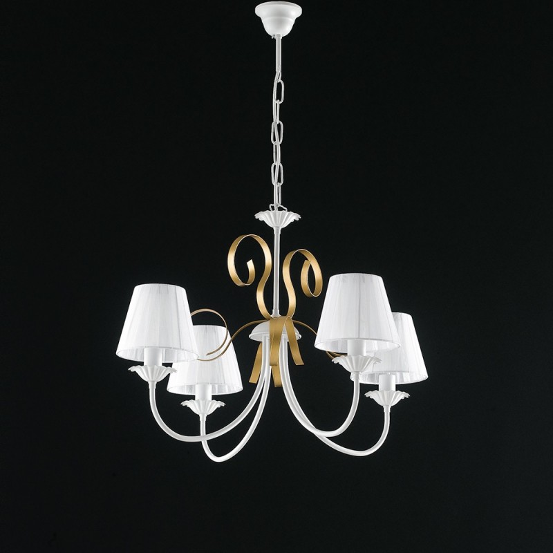 Lampadario in ferro Bianco shabby Oro paralumi Bianchi quattro luci 71x h47 cm
