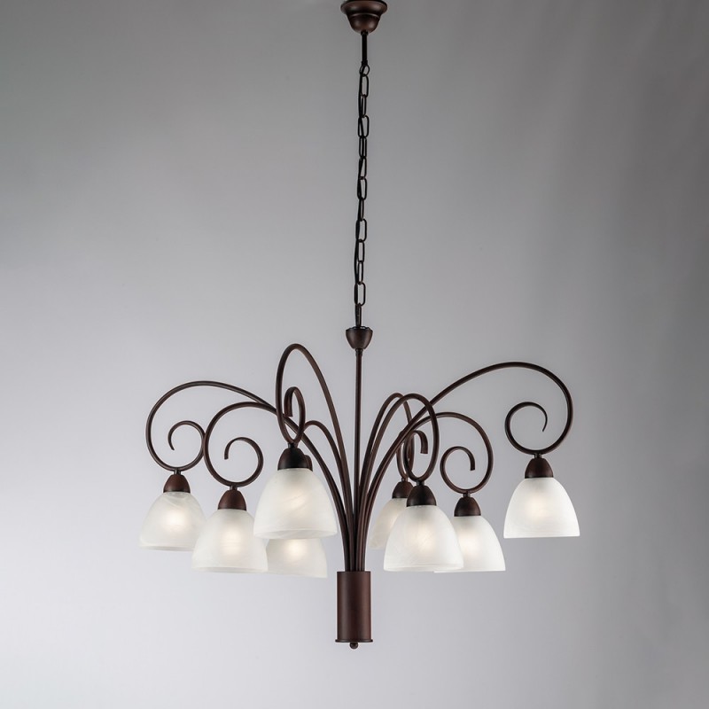 Lampadario in ferro Nero Ruggine paralumi in vetro Bianco otto luci 81x h58 cm