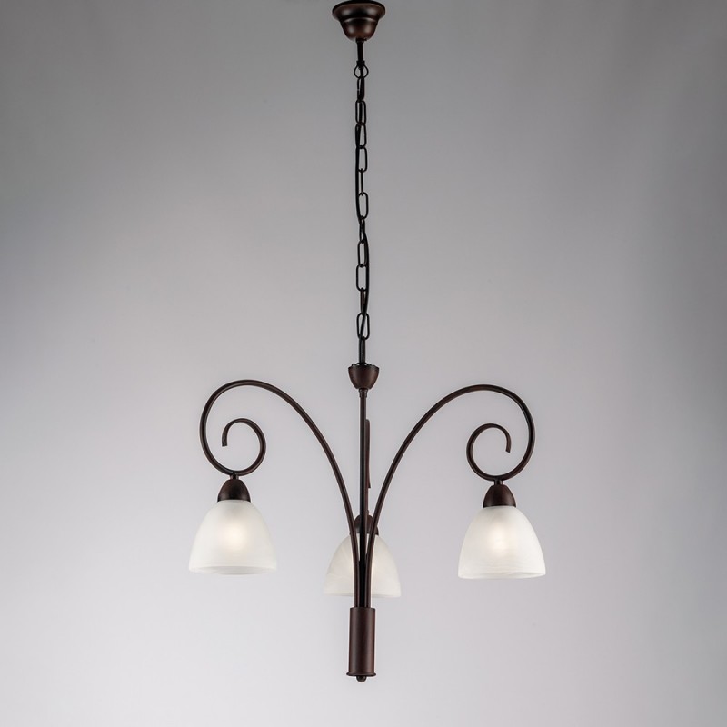 Lampadario in ferro Nero Ruggine paralumi in vetro Bianco tre luci 48x h50 cm