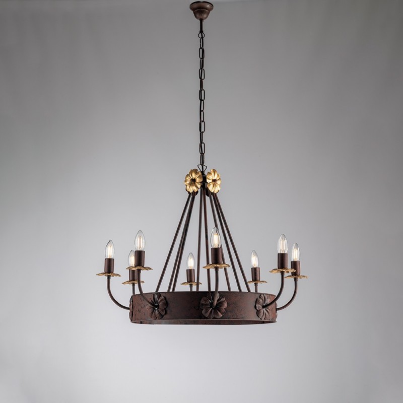 Lampadario in ferro Nero Ruggine rifinitura Oro impero otto luci 76x h57 cm