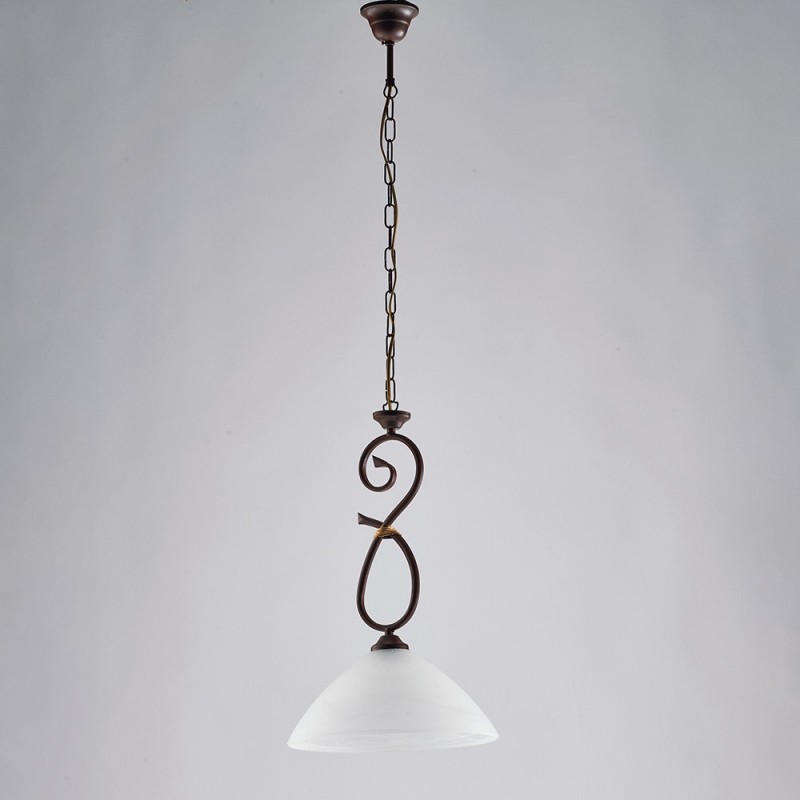 Lampadario in ferro Nero ruggine una luce paralume  vetro Alabastro bianchi 30x h52 cm