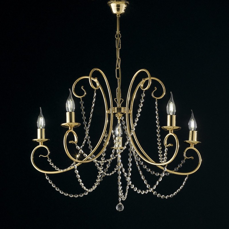 Lampadario in ferro Oro cinque luci con strass 68x h55 cm
