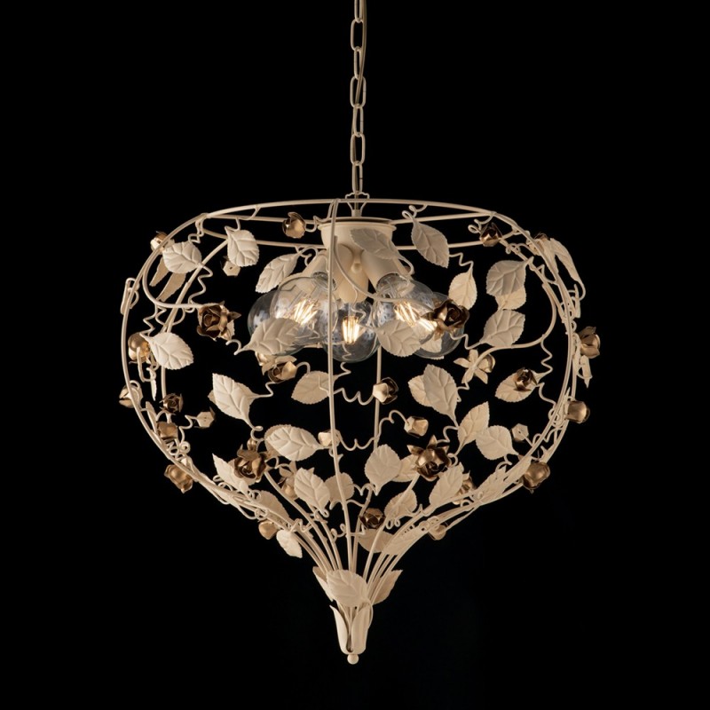 Lampadario in ferro laccato avorio con decorazione decape 5 luci