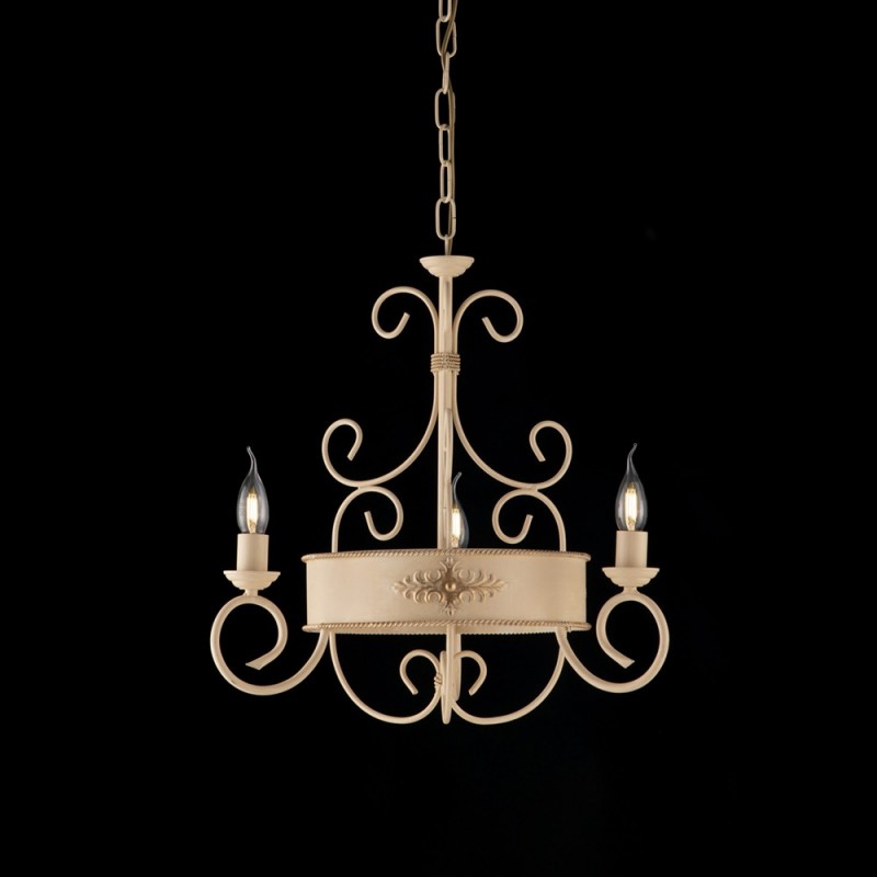 Lampadario in ferro laccato avorio con decoro decape 3 luci con fregi