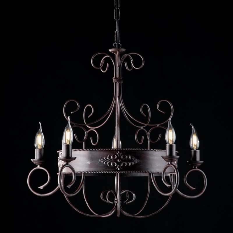 Lampadario in ferro laccato nero con decorazione ruggine 5 luci