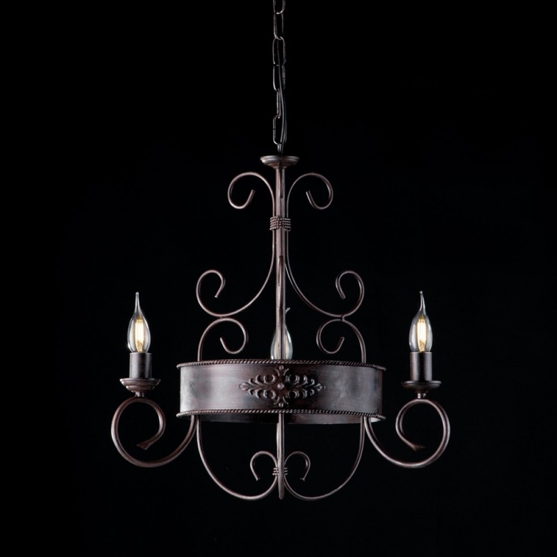 Lampadario in ferro laccato nero con decoro ruggine 3 luci con fregi