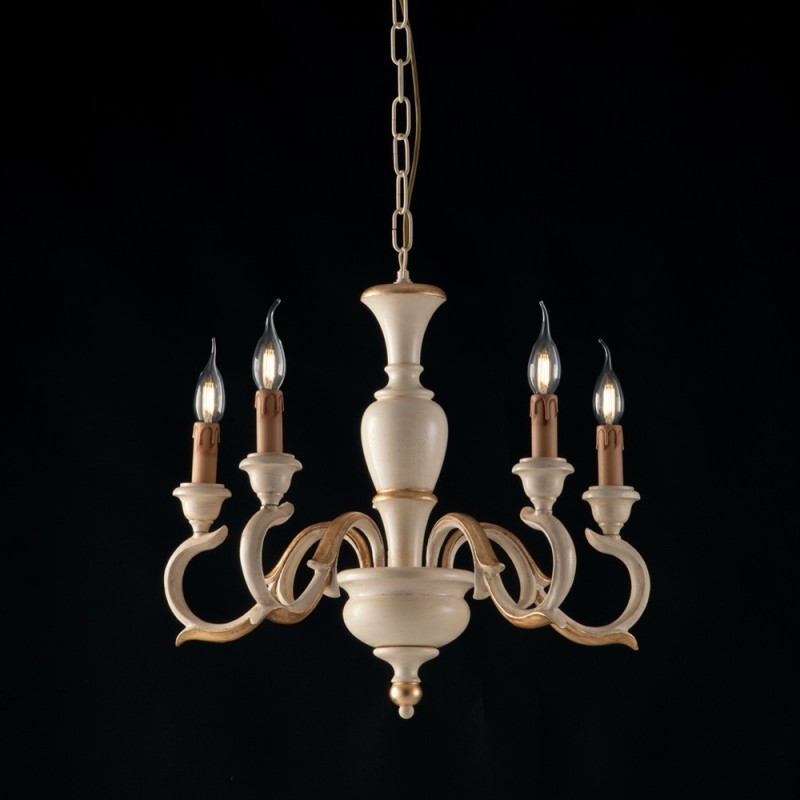 Lampadario in legno Avorio e Foglia Oro cinque luci 50x h50 cm