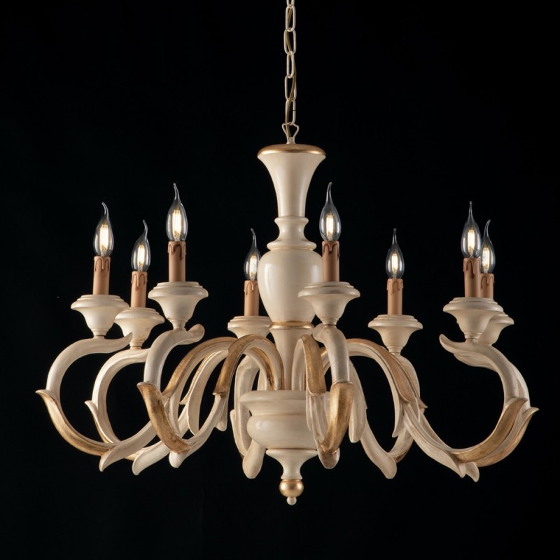 Lampadario in legno Avorio e Foglia Oro otto luci 93x h65 cm