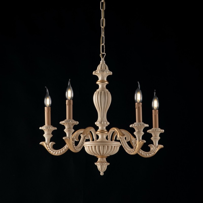 Lampadario in legno Avorio e foglia Oro cinque luci 53x h57 cm
