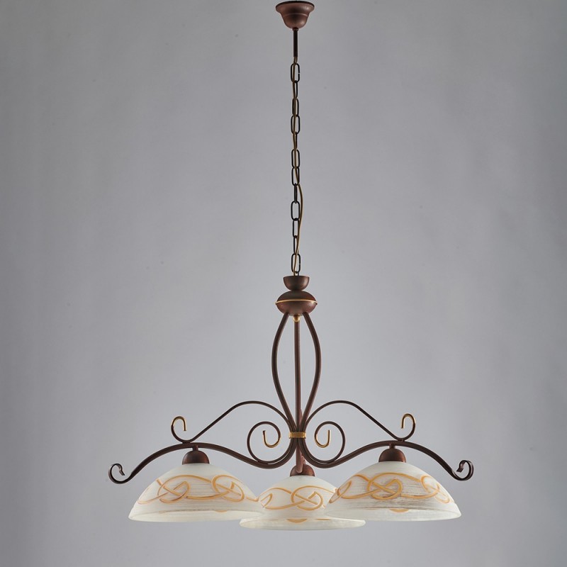Lampadario lavorato in ferro Nero Ruggine rifinitura Oro tre luci 71x h56 cm