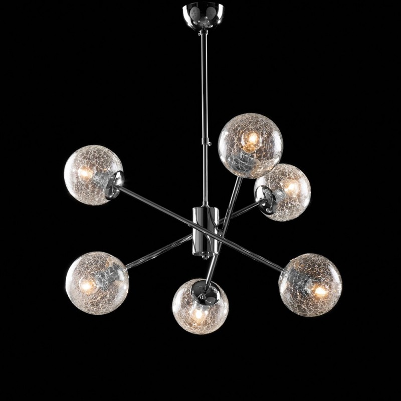 Lampadario sospensione in ferro cromo lucido con 6 luci con sfere in vetro