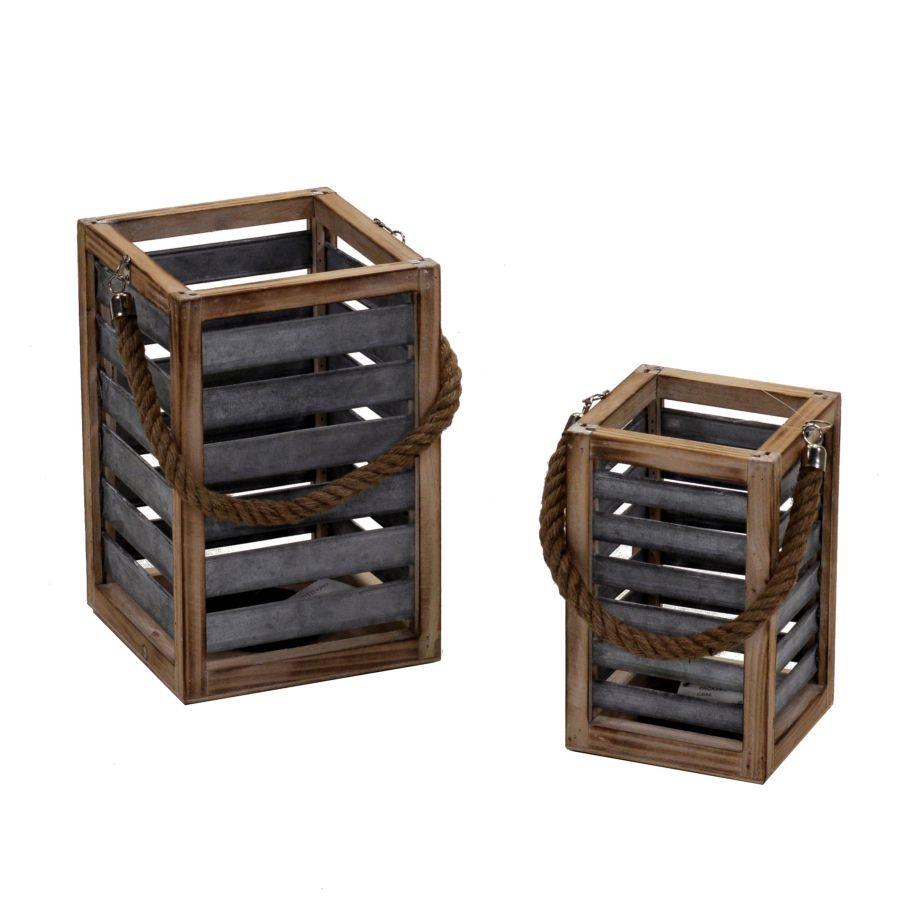 Lanterna in legno marrone 1-2 con manico in corda quadro cm19x19h28,5