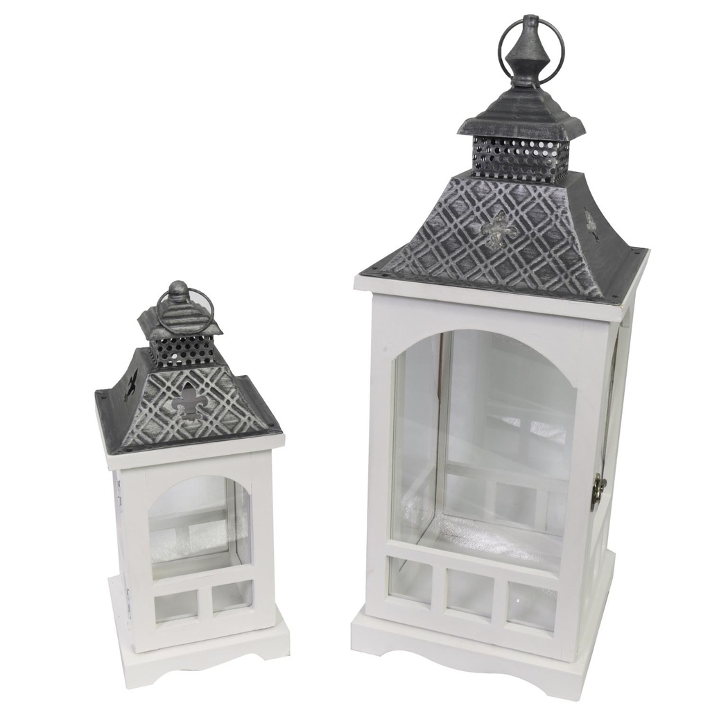 Lanterna in legno e metallo bianco argento quadro 22x22h59 cm