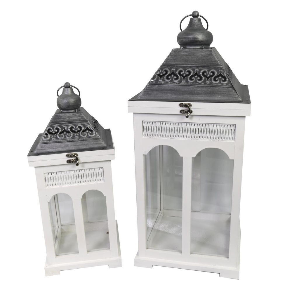 Lanterna in legno e metallo bianco argento quadro cm27x27h63
