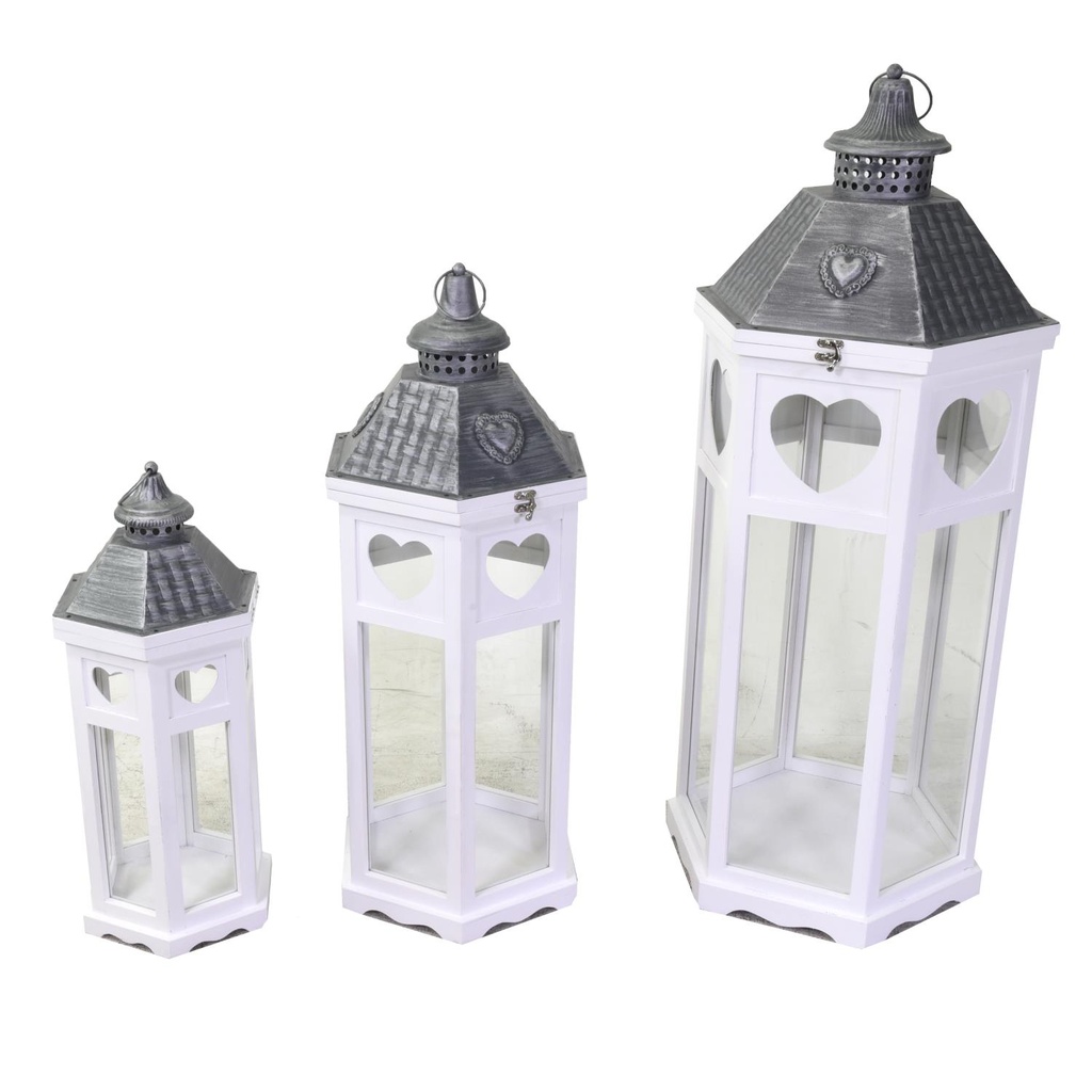 Lanterna in legno e metallo bianco argento esagonale cm41x35,5h98