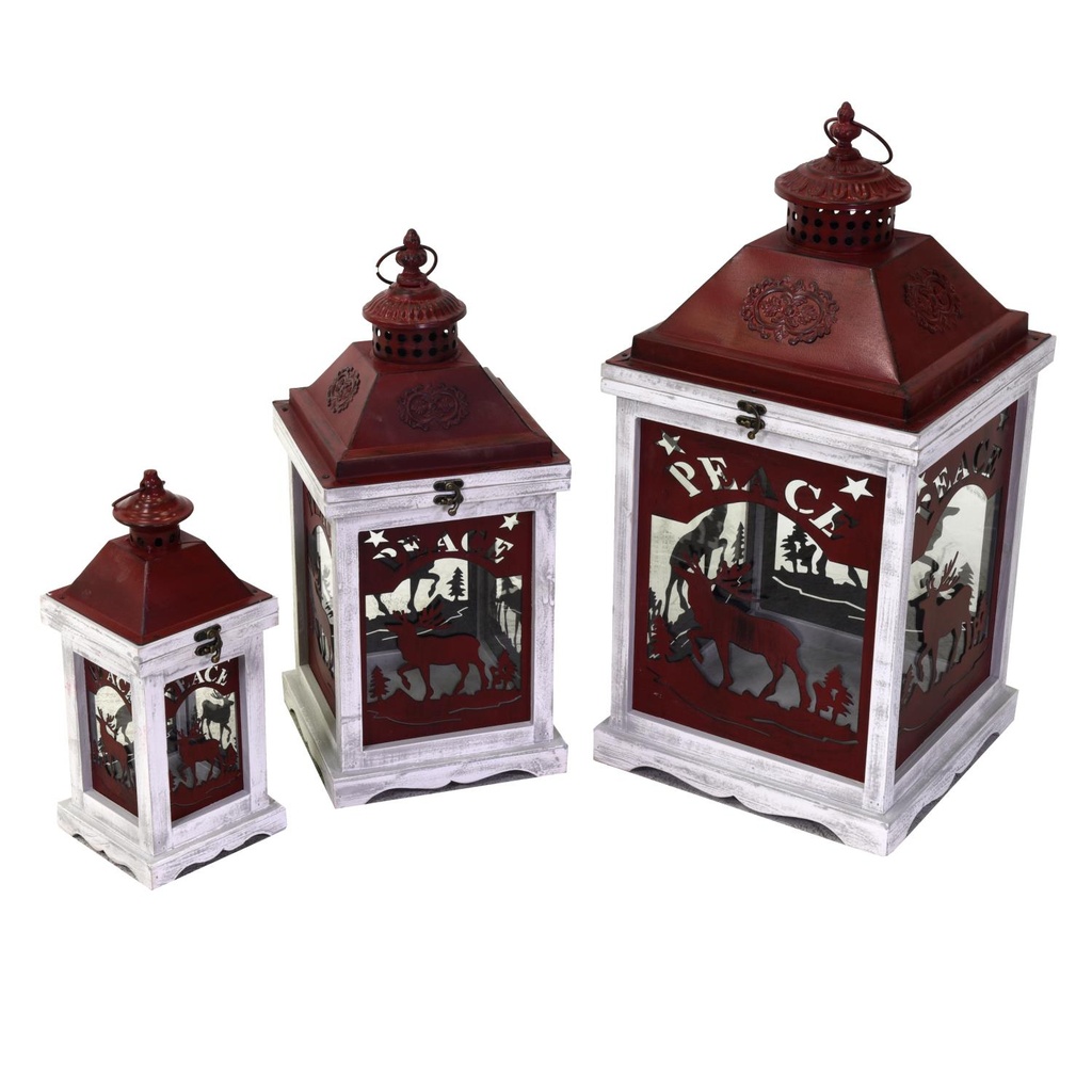 Lanterna in legno e metallo con 1-3 renne, biancorosso, quadro cm30x30,5h63