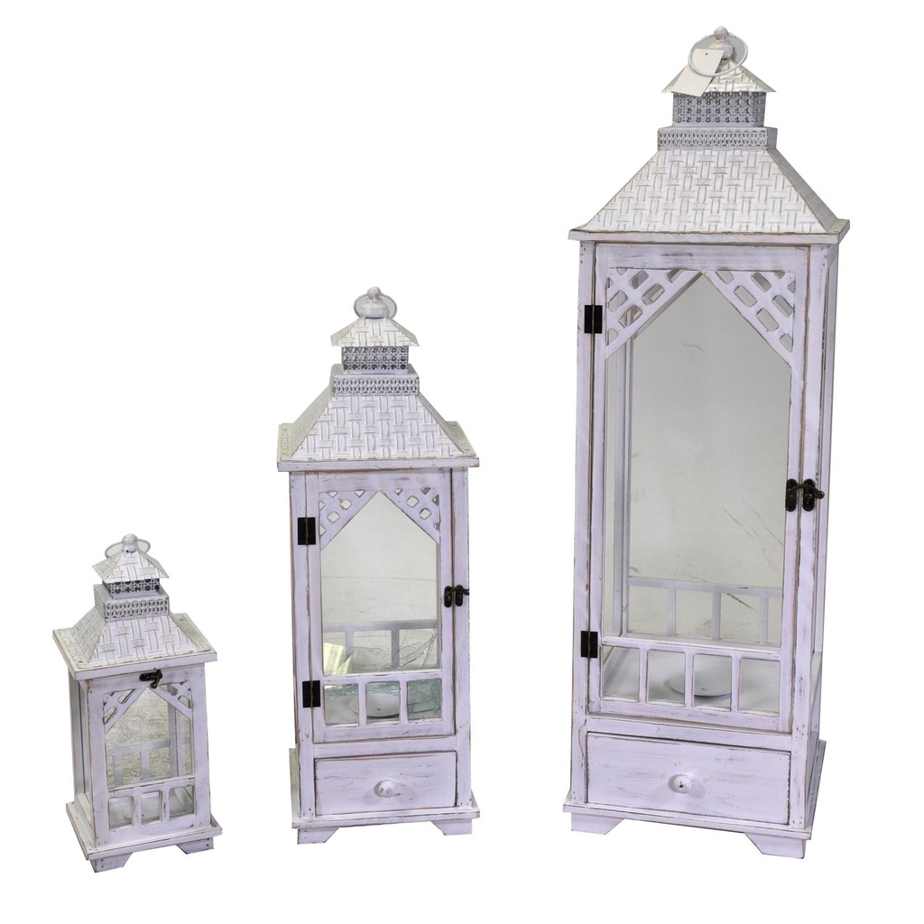 Lanterna in legno e metallo sbiancato, formato quadro 32x32 cm, altezza 101 cm