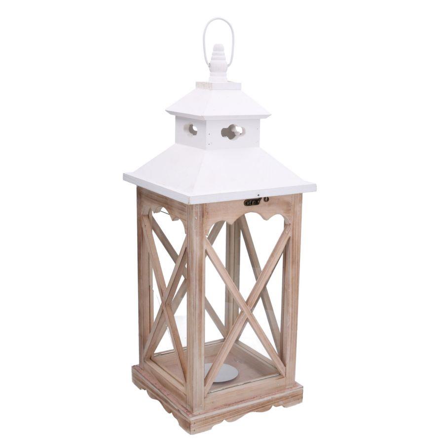 Lanterna in legno naturale bianco quadro 22x22x56,5 cm