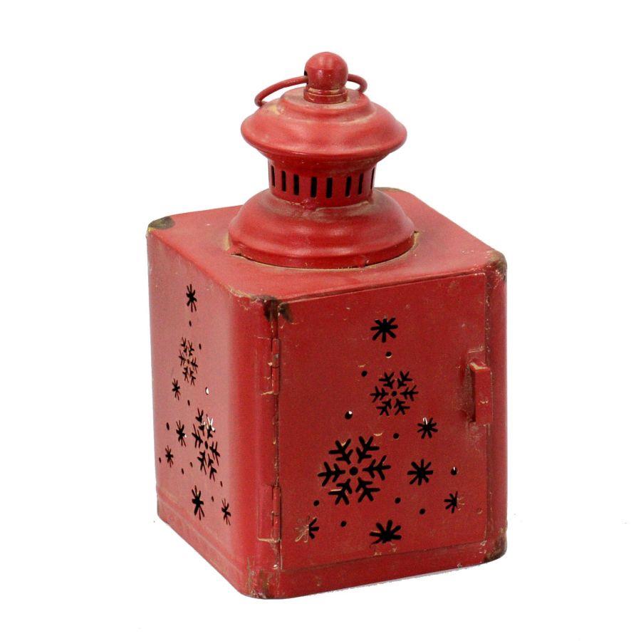 Lanterna Rossa Albero Quadro in Metallo - 13x13x22,5 cm