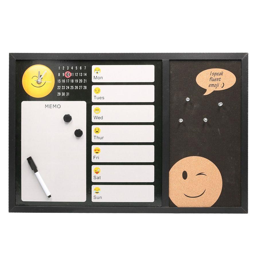 Lavagna magnetica emoji con orologio, sughero e pennarello 60x40x1,5 cm