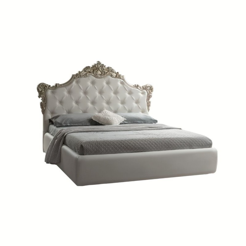 Letto barocco matrimoniale con contenitore in ecopelle SAVOIA Bianco Argento 194x209x h 140 cm