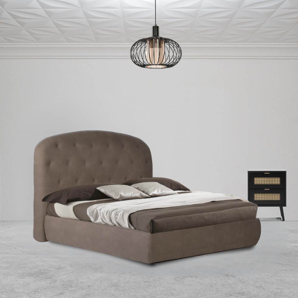 Letto matrimoniale contenitore con testiera arrotondata Button1 visone