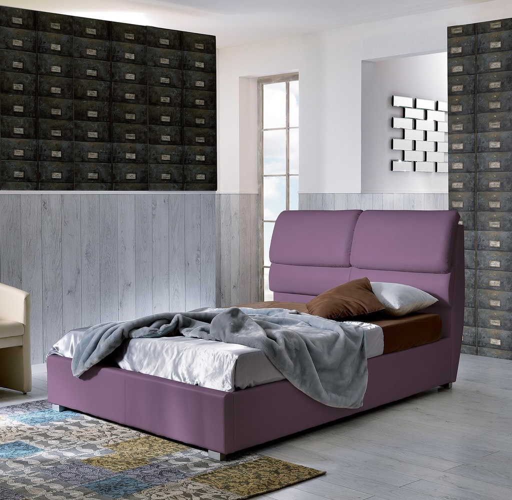 Letto una piazza e mezzo in legno e similpelle malva, 100cm x 229cm x 107cm