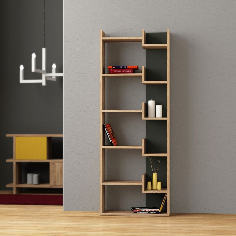 Libreria Oppa in Rovere e Antracite 5 Livelli, 11 Ripiani P 22 x L 69 x H 162.5 cm