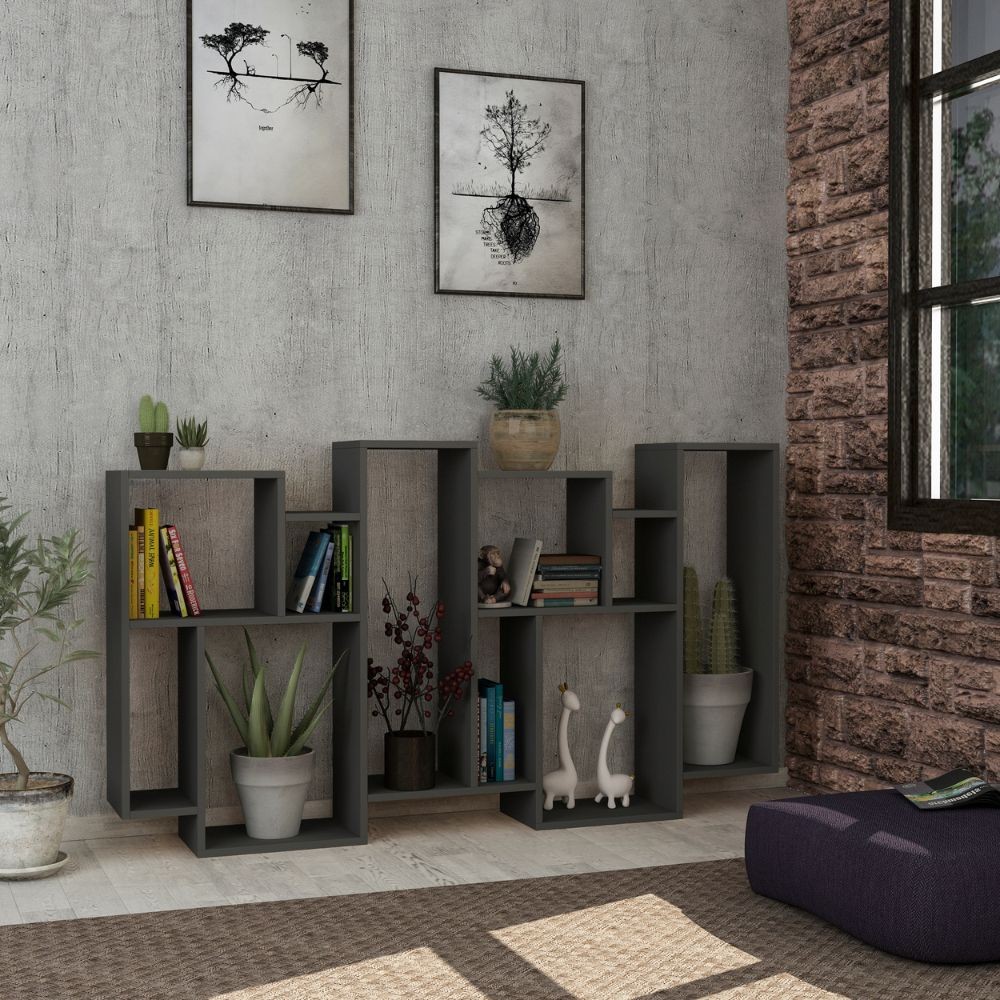 Libreria orizzontale bifacciale antracite con 10 scomparti aperti L 96 x P 25,5 x H 168,5 cm