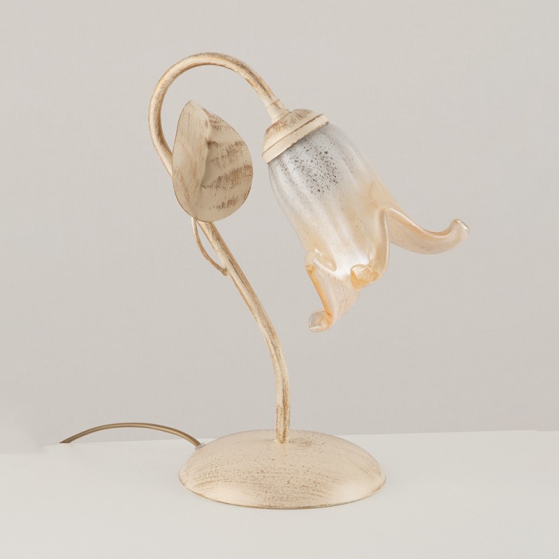 Lumetto comodino ferro Avorio Oro Vetro Bianco Ambra una luce 22x h30 cm