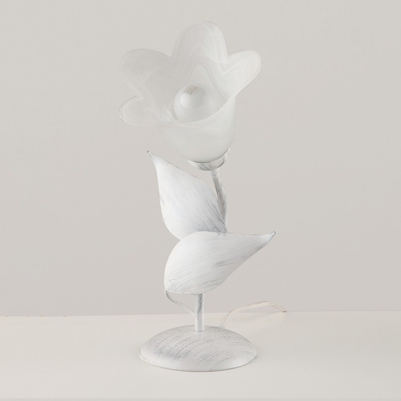 Lumetto in ferro Bianco Argento una luce vetro Alabastro Bianco 19x h36 cm