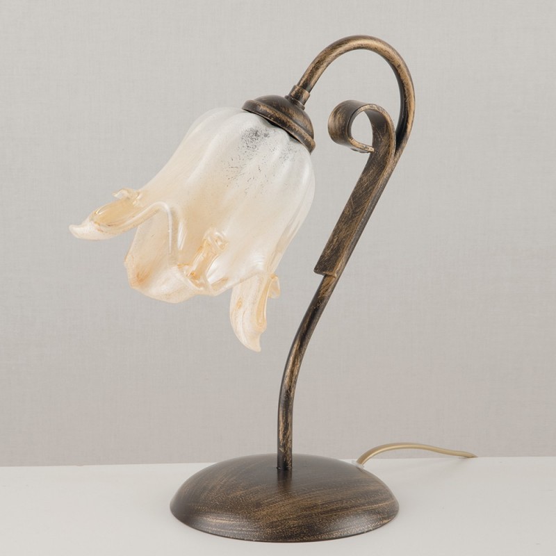 Lumetto in ferro Marrone Oro una luce paralume in vetro Bianco Ambra 23x h30 cm