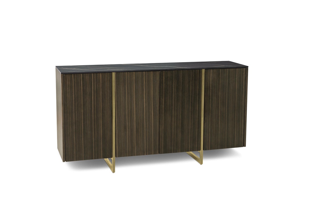 Madia elegante con 4 ante, top in ceramica marmo nero portoro, struttura in MDF impiallacciato con finitura ebano, gambe in metallo - 160 x 40 x 85 cm