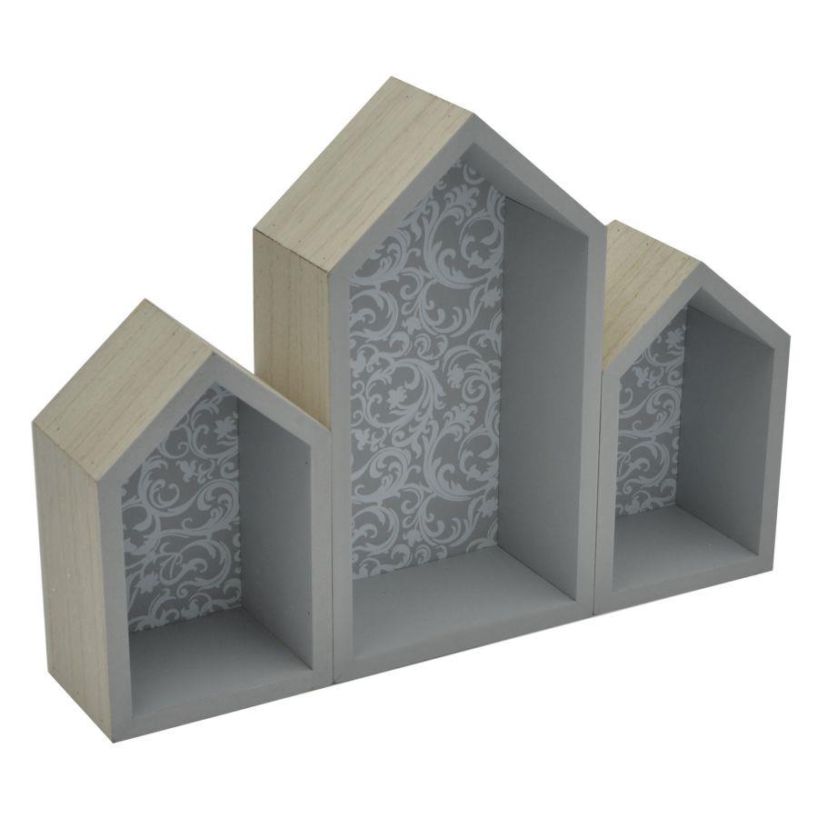 Mensola in legno a forma di casetta, 3 piani, 32x3x16,5 cm