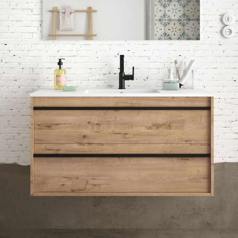 Mobile bagno sospeso Ador100 rovere ostippo con lavabo 2 cassetti 100x45x54h