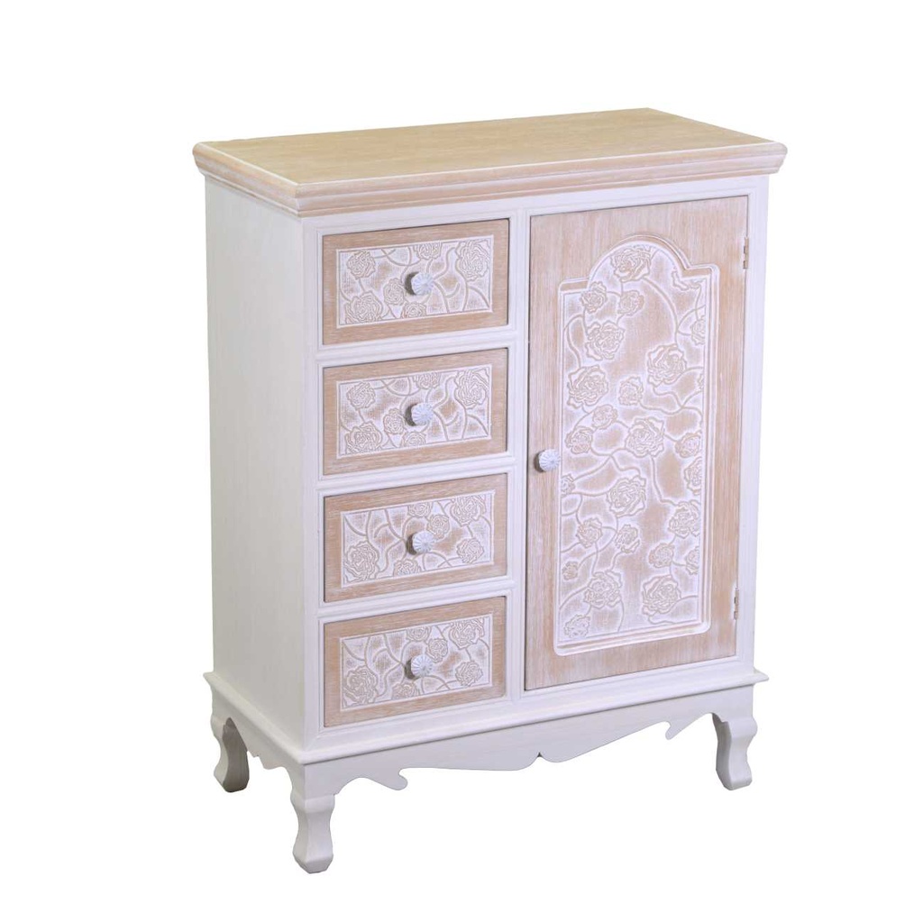 Mobiletto in legno Andorra con 1 anta e 4 cassetti, 66x32x86 cm