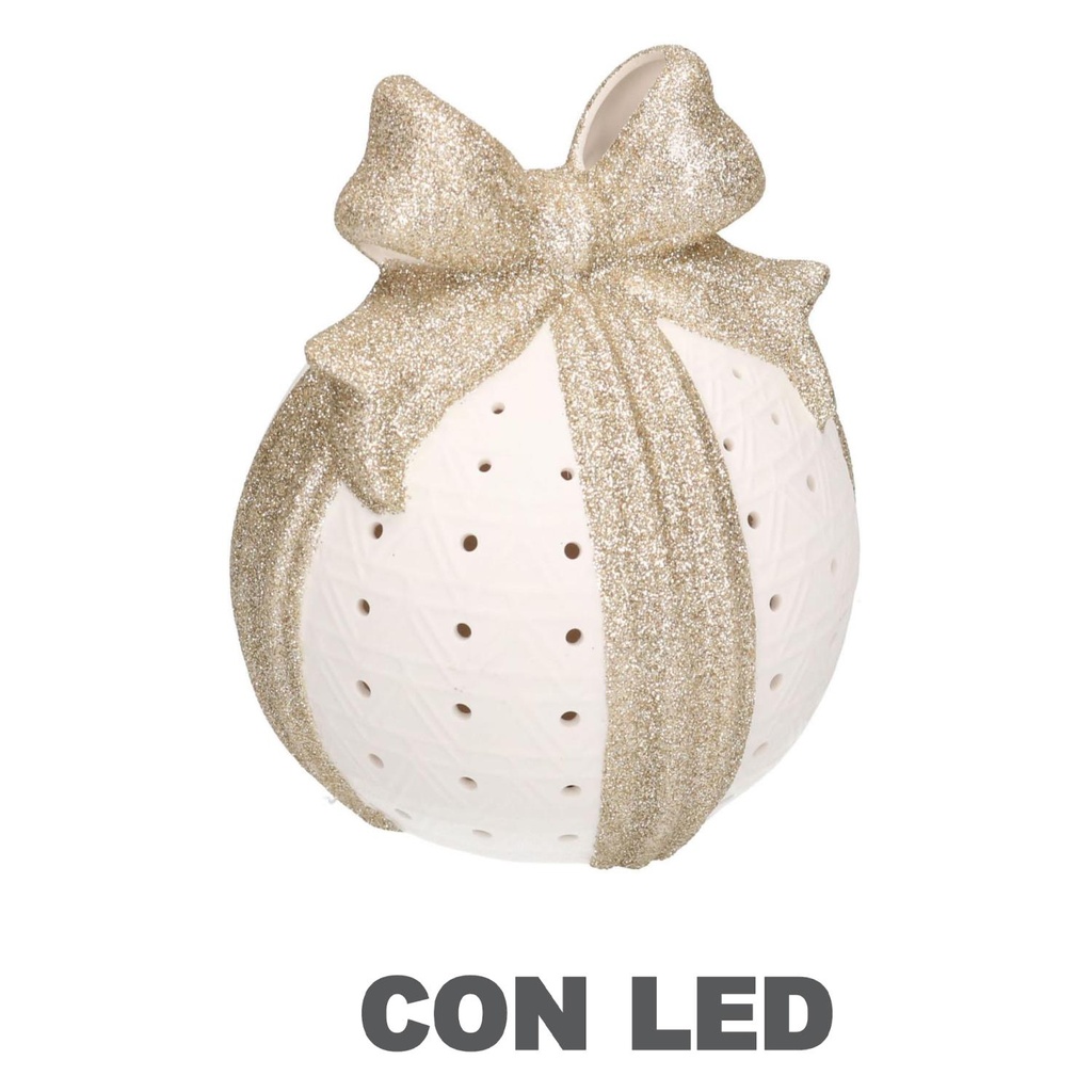Pacco regalo bianco oro con led tondo 13,5x13,5x16 cm