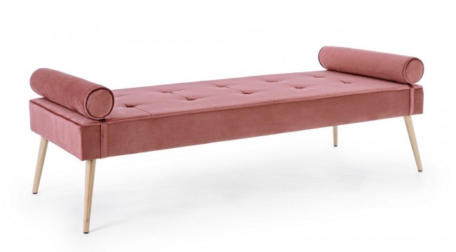 Panca rosa design velluto rosa antico, gambe oro, dimensioni 185x75x45h