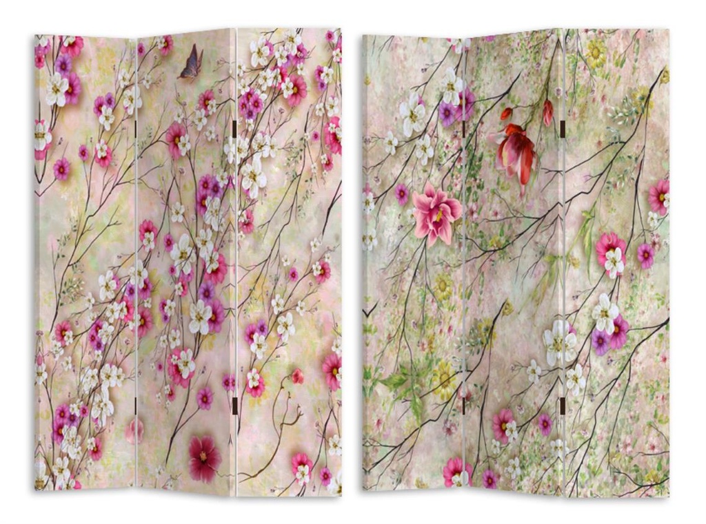 Paravento stampa 3 ante naturale con rami fiori 120,6x2,5h180 cm