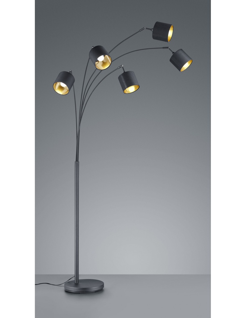 Piantana Moderna con 5 Paralumi Tessuto Nero-Oro H200 cm