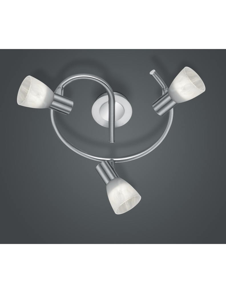 Plafoniera a 3 faretti in nichel con paralume in vetro orientabili