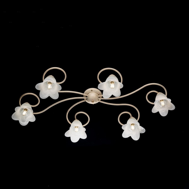 Plafoniera fiori in ferro Avorio Oro sei luci paralumi 99x50x h17 cm