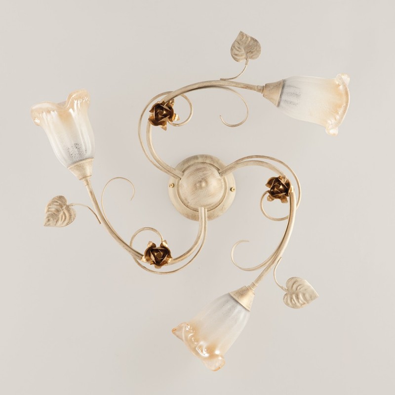 Plafoniera in ferro Avorio Oro rose tre luci 58x h15 cm