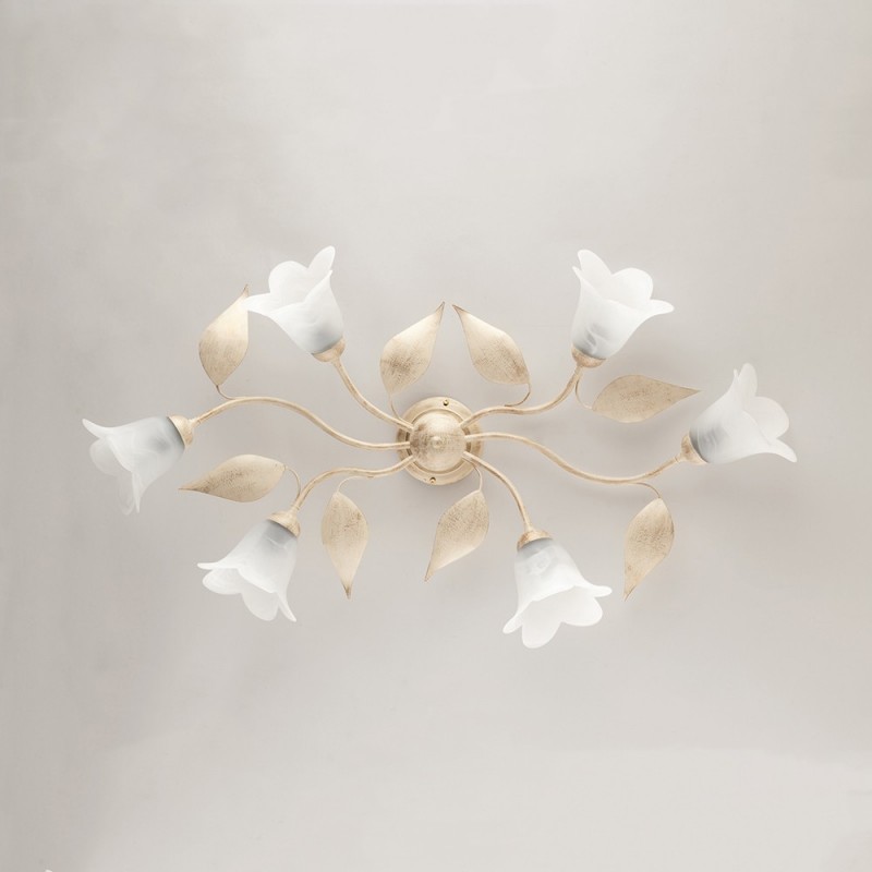 Plafoniera in ferro Avorio Oro sei luci vetri Alabastro Bianchi 95x52x h20 cm