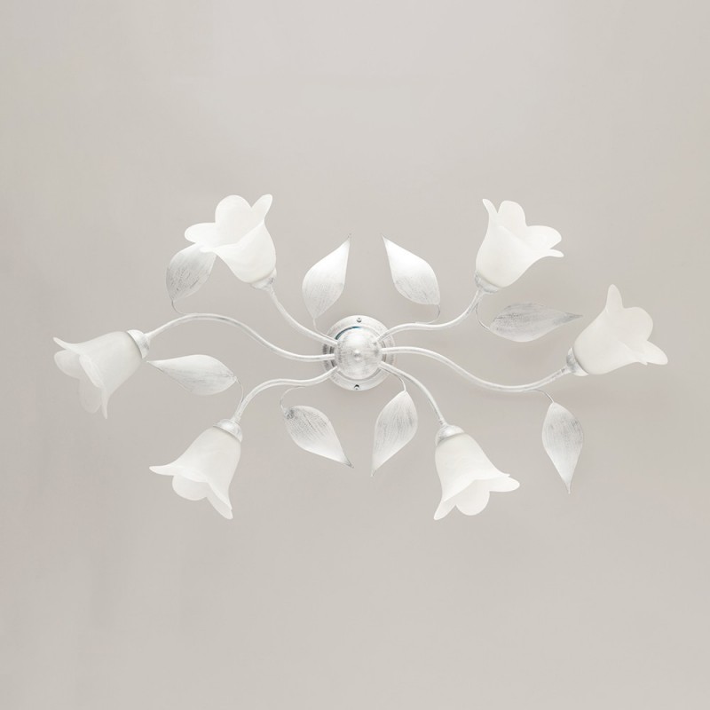 Plafoniera in ferro Bianco Argento sei luci vetri Alabastro Bianchi 95x52x h20 cm