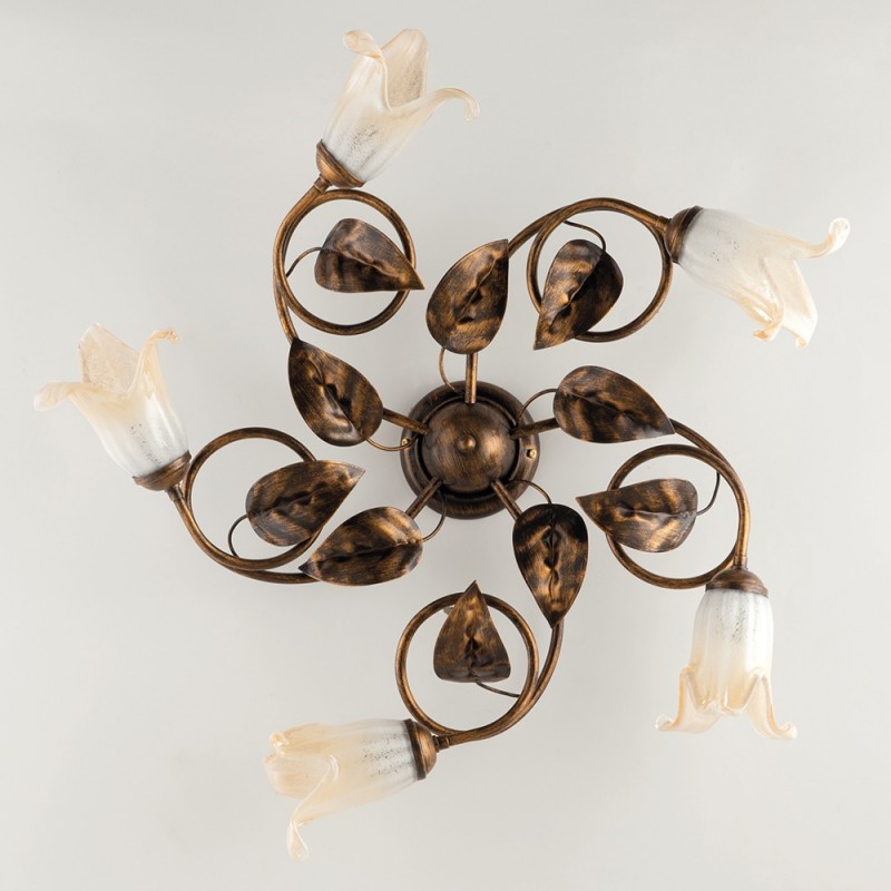 Plafoniera in ferro Marrone Oro Vetri Bianchi Ambra cinque luci 70x h20 cm