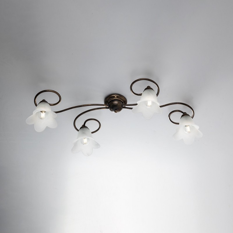 Plafoniera in ferro Marrone Oro quattro luci paralumi in vetro Bianco 87x40x h17 cm