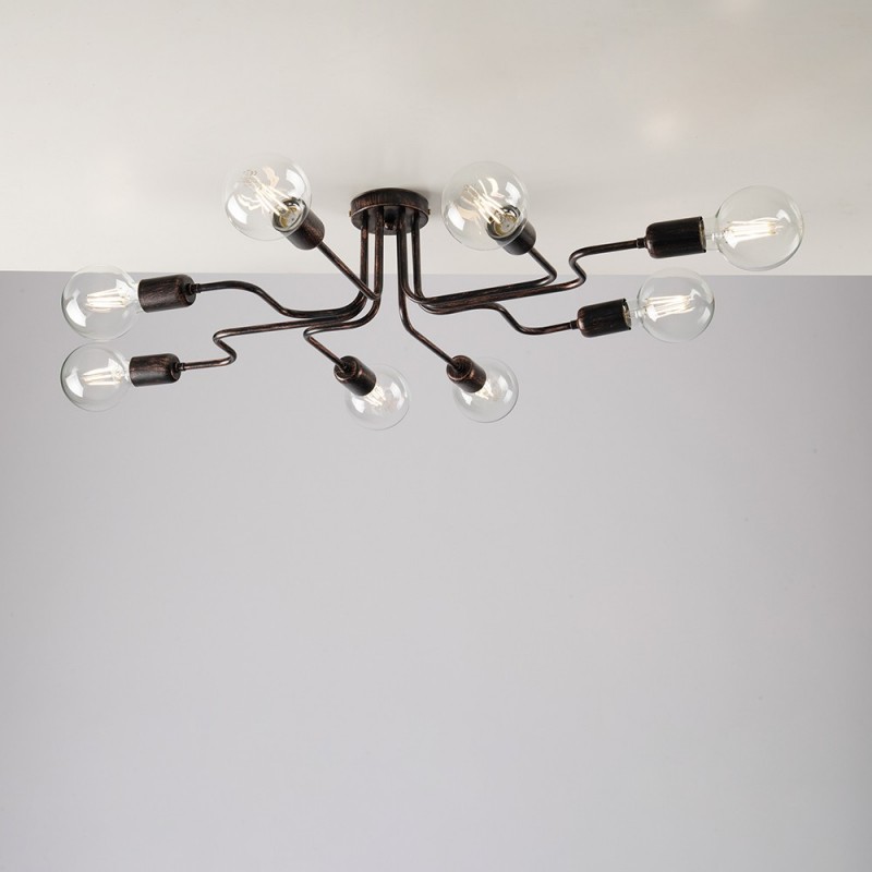 Plafoniera in ferro Nero con decorazione Rame otto luci 83x66x h17 cm