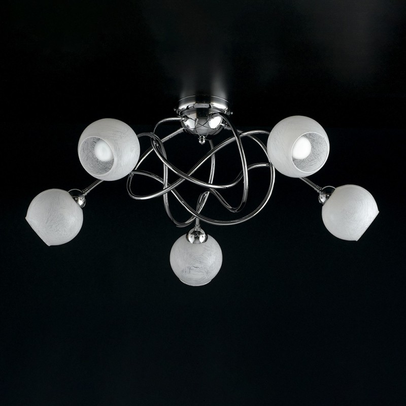 Plafoniera in ferro cromato lucido con vetri bianchi 5 luci 70xh. 28 cm